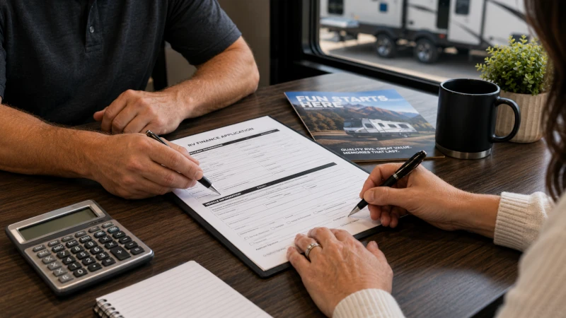 RV finance paperwork on a desk — RV Dealz blog on back-end profit at national RV chains