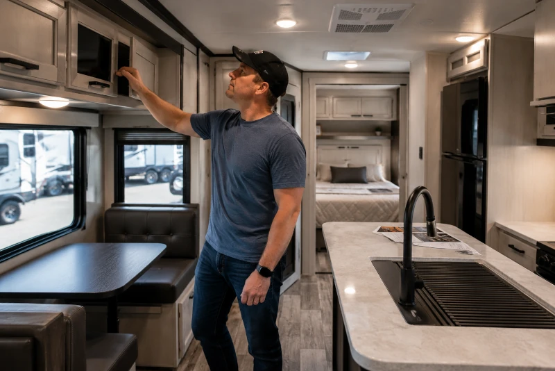 First-time buyer inspecting a travel trailer interior — RV Dealz first RV buying guide