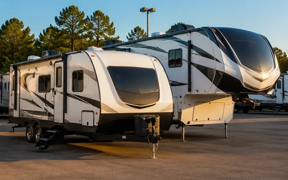 Travel trailer hitched to a pickup truck — RV Dealz lowest-price travel trailer dealers